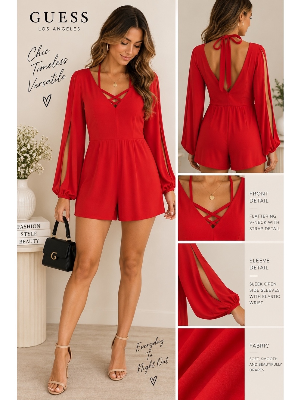 GUESS Red Long Sleeve V-Neck Romper with Strap Detail Size M